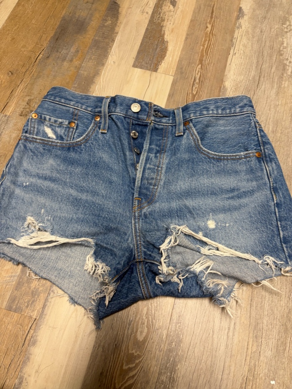 Levis Distressed High-Waist Denim Shorts